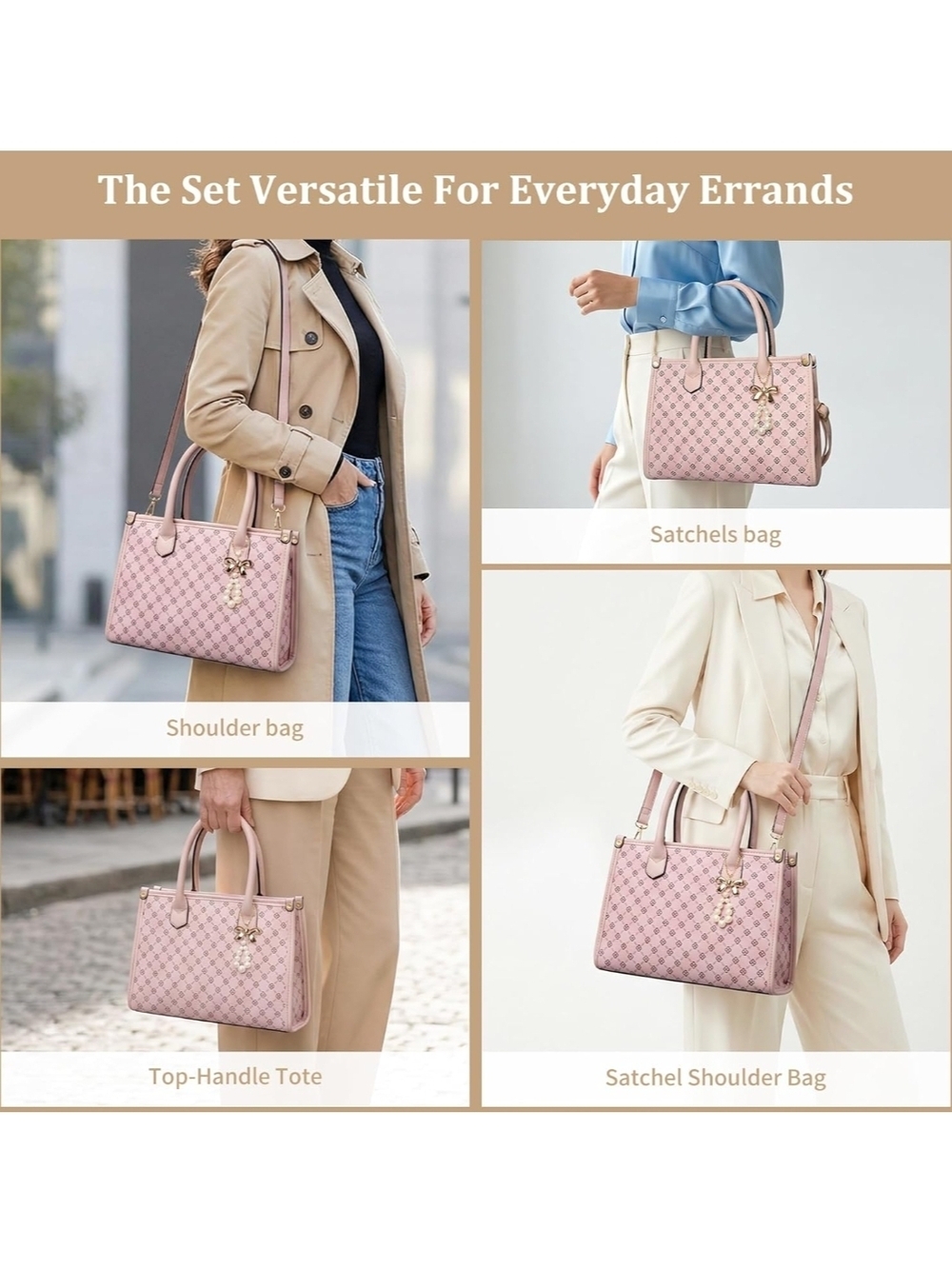 Pink Patterned Women's Satchel Handbag Set - Picture 6 of 8